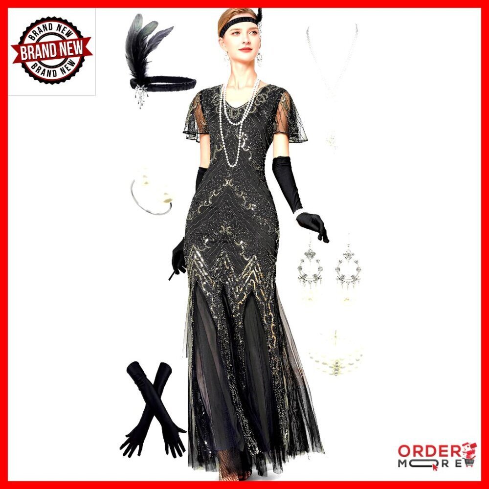 Sequin Sleeve Mermaid Evening Gown with Gatsby Accessories Set